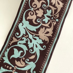 4&quot; Vintage Sweet Aqua Tan Tones Brocade Wide Fabric Woven Floral Embroidered Jacquard Ribbon Fabric Trim Multi Floral Design