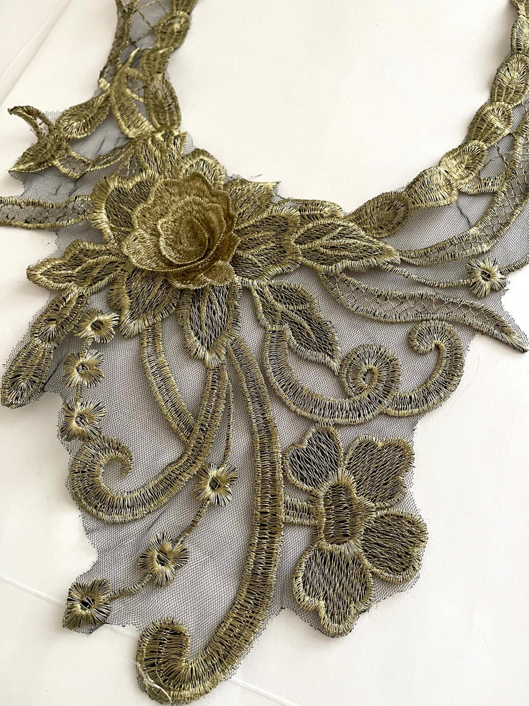 Antique Metallic Gold, Floral Golden Embroidered Patch,on Black Mesh ...