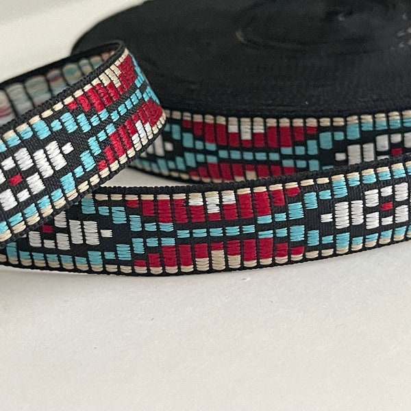 1/2" Vintage Turquoise/Black Geometric, Abstract, Ethnic Bohemian Woven Jacquard Ribbon Trim, Straps, Belting,