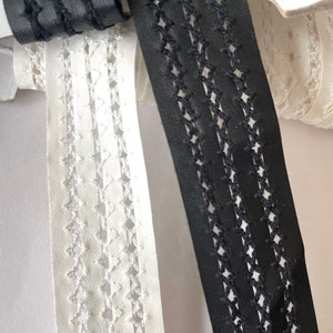 1 1/4" Pleather Lacing Faggoting Trim, Lattice Stictched Pleather Trim , Illusion Cut Out Lattice, Ivory, Black Edgy Belting, Straps