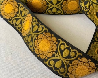 1 3/4" Vintage Floral Golden Embroidered Woven Jacquard Floral Design Cotton, Bright Gold, Khaki, Black