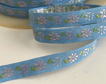 3/8" Vintage Sweet Baby Blues ,Pinks Floral  Woven Floral Jacquard Ribbon Trim,  Dainty Doll Floral Ribbon Flower Power Design