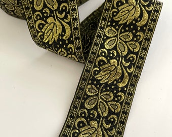 1 7/8" Vintage Metallic Floral Black Fine Metallic Antique Gold Woven Jacquard, Ribbon, Trim Embroidered Metallic Woven Jacquard Renaissance