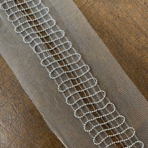 1 1/4&quot; Silver Beaded Ball Chain White Mesh Netting Ribbon Insert Metal Silver Ball Chain Center Knit  Edgy Trim, Novelty Metal