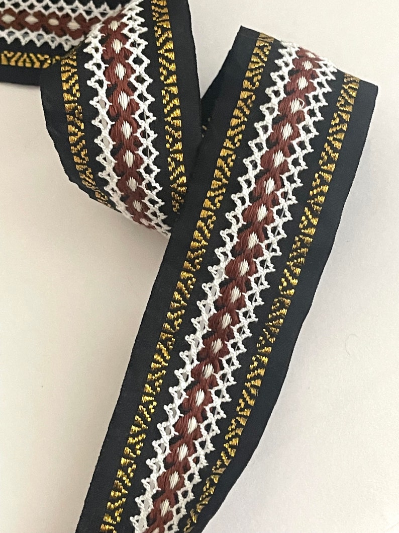 Vintage Metallic Stitched Lace Knit Thru Unique Geometric Abstract, Ethnic Bohemian Jacquard Ribbon Trim, Straps, Belting, Woven Ribbon image 3
