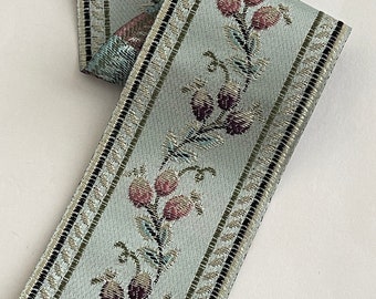2" Embroidered Floral Matte Steel Teal Blue, BEAUTIFUL Color & Quality, Raised Embroidery Wide Woven Jacquard Ribbon Tape,