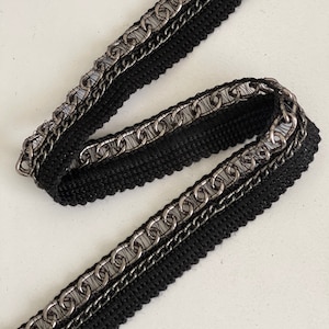 3/4" Jumbo Gunmetal Chain Edge Metal Trim, Black/Gunmetal Studded Chain Link Knit Trim  Black Edgy Trim, Novelty Metal