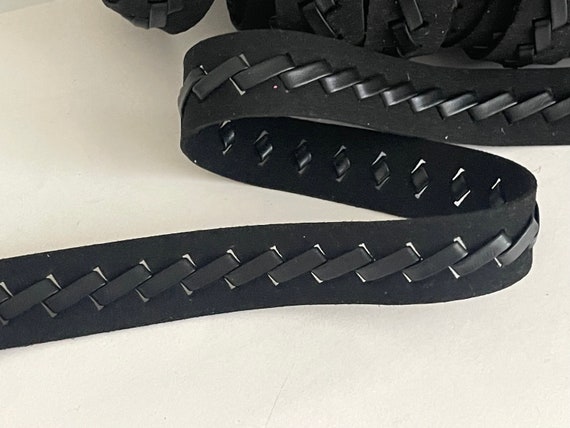 1" Faux Seude Black Pleather Lacing Edge Trim , Lattice, Black on Black Edgy Belting, Pleather Pull Thru Black Faux Suede
