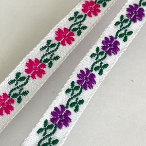 Vintage Sweet Floral Woven Adorable Embroidered Jacquard Ribbon Trim Shocking Pink, Purple Floral Multi, Floral Design