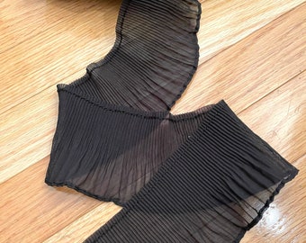 3 1/4" Black Sheer Pleated Trim, Ruffle Jumbo Trim -Chiffon, Reversible Pleated Sleeves, Collars, Bottom Ruffle Finish DIY Garment Neck line