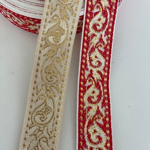 1" Vintage Holiday Metallic Gold, Jacquard Paisley Design , Bright Red,  Antique Ivory  True Vintage Holiday Ribbon 1 " wide