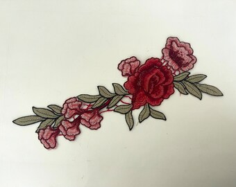 Vintage Rose on Moss Vine Floral Patch Red Roses Floral Patch Sew on Patch Soft Applique' Blooming Rose, Red Rose