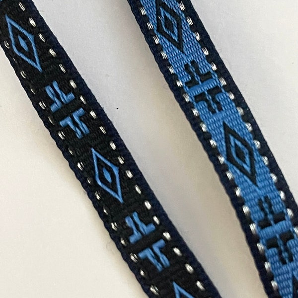 Vintage Ethnic, Folk , Geometric, Reversible Woven Jacquard Ribbon, Black, Electric Blue Tape, Belt, Strap,