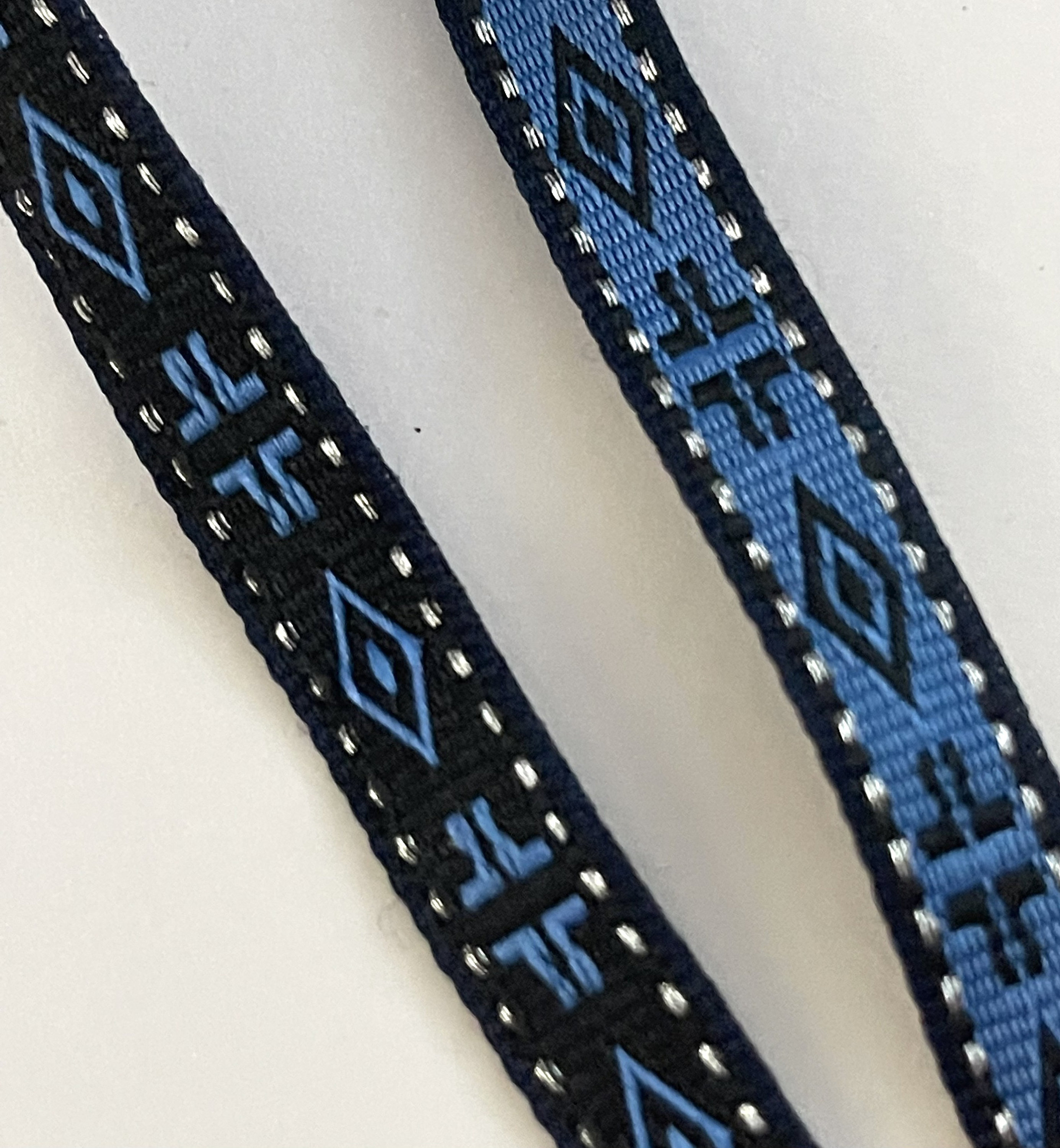 Vintage Ethnic, Folk , Geometric, Reversible Woven Jacquard Ribbon, Black, Electric Blue Tape, Belt, Strap,