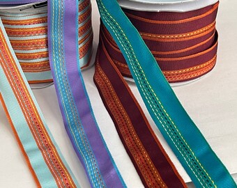 SPOOL 36 Yards Saddle Stitch Striped Tape Grosgrain True Saddle Stitch Novelty Sporty Pink Multi/Rose Multi  Woven Reversible Ribbon Tape,