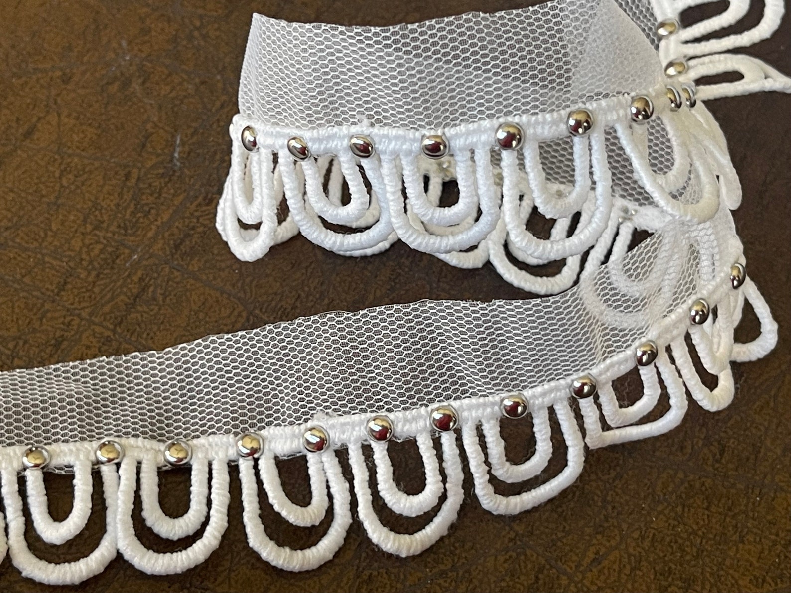 Silver Studded Venise Looped Scalloped Lacing Edge Trim , Illusion Cut ...