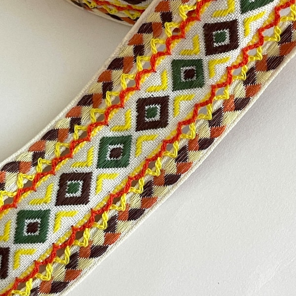 Vintage Natural Cotton Geometric Pine, Brown, Orange, Yellow Embroidered Woven Jacquard Ribbon Trim, Ethnic, Guitar Straps, Belt Trim Ribbon