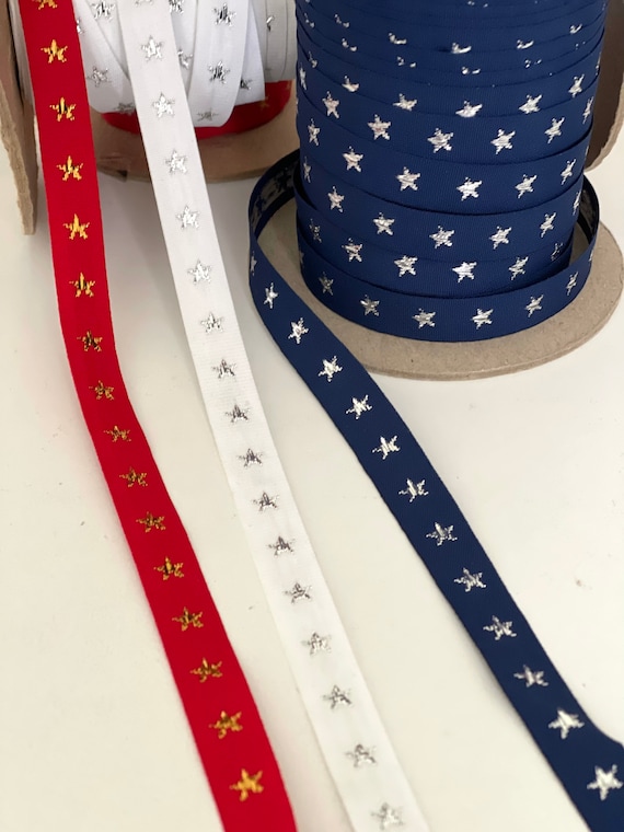Vintage Patriotic, USA Ribbon , Vintage Woven Red, White, Blue Patriotic Silver Gold Metallic Patriotic Stars, Jacquard Metallic Star