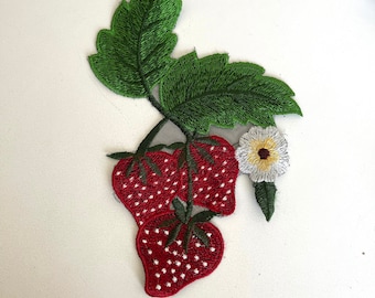 Vintage Style Strawberry Patch Floral Large Sew on Patch Triple Strawberry Delight Soft Applique'