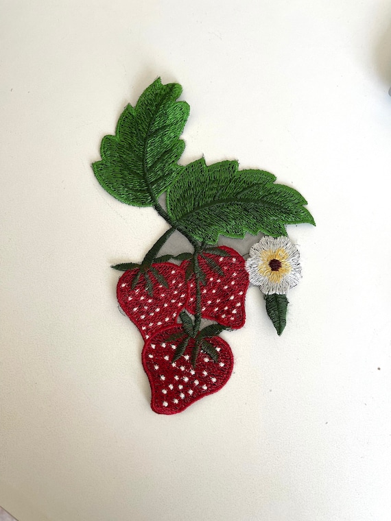 Vintage Style Strawberry Patch Floral Large Sew on Patch Triple Strawberry Delight Soft Applique'