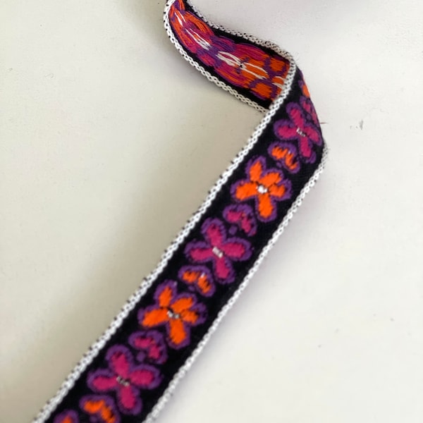 3/4" Vintage Butterflies, Fluttering Butterfly Woven Bright Purple, Hot Pink, Bright Orange Fluttering  Cotton Jacquard Ribbon Trim,