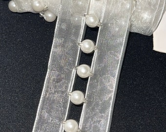 Pearl trim, Organza Pearl Center Ribbon Elegant Sashes Beaded Trim Bridal Lace Trim Wedding Dress Trim Pearls Centered Sheer Embellishment