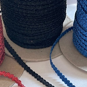 Stretch Metallic Ric Rac, Reversible Metallic Stretch Vintage Ribbon, Royal, Red, Black Novelty Zig Zag Ribbon, Passementrie, Doll Trim