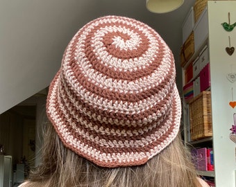 Cotton Crochet Bucket Hat, Brown Swirl Funky Handmade Cloche Hat, unique gift girl women summer y2k hand knit trendy boho vintage medium