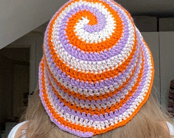 Cotton Crochet Bucket Hat, Brown Swirl Spiral Funky Handmade Cloche Hat, unique gift girl women summer y2k knit trendy boho vintage medium
