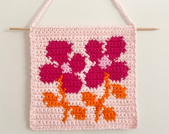 Dancing Flowers Crochet Tapestry PATTERN pdf, wall hanging, diy room decor knit, floral flowers, vintage y2k funky, perfect gift