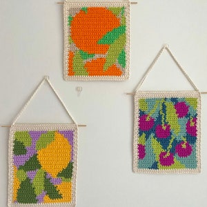 May include: Three crocheted wall hangings with geometric designs. The first features a large orange circle with green and white accents. The second features a yellow circle with green, purple, and white accents. The third features a cluster of pink circles with green, blue, and white accents.