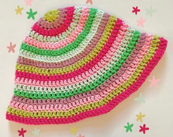 Cotton Crochet Bucket Hat, Bright Rainbow Striped Handmade Cloche Hat, unique gift girl women summer y2k hand knit trendy vintage medium