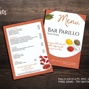 Bewerkbaar menu voor restaurant of bar · Instant Template om thuis af te drukken · Probeer onze gratis demo voordat u koopt · Terracotta & Specerijen