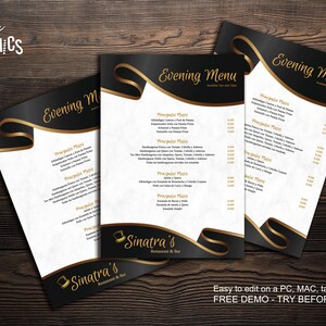 Zwart en goud bewerkbaar menu voor restaurant of bar · Instant Template om thuis af te drukken · Probeer onze gratis demo voordat u koopt ·