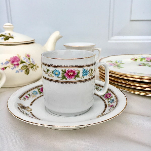 Vintage Demitasse Cup and Saucer Espresso Cup Oriental Flowers Gold Rimmed