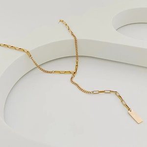 Gold Lariat Necklace, Mixed Chain, Y Necklace, 18k Gold Plated, Waterproof, Aesthetic, Long Necklace, Unique Gift for Her, Mom,Daughter,Wife