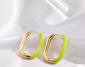 Neon Green-Yellow and Gold Huggie Hoop Earrings - U Shaped Chain Link Earrings - Statement Neon Lime Green and Gold Geometric Hoop Earrings