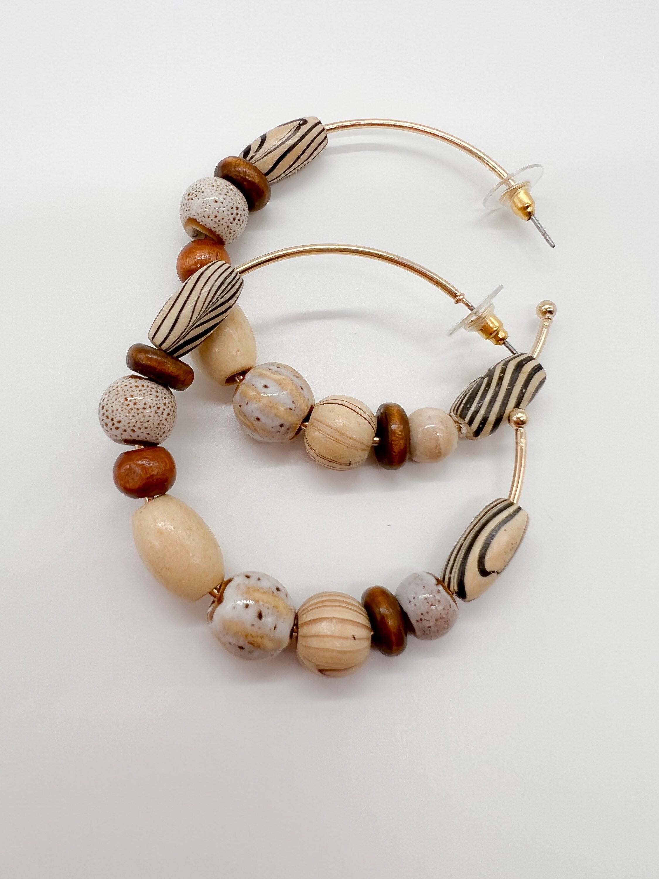 Multicoloured Asymmetrical Wooden Beaded Hoops With Feather Charms