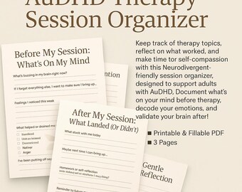 AuDHD Therapy Session Organizer | Fillable & Printable PDF for Neurodivergent Adults
