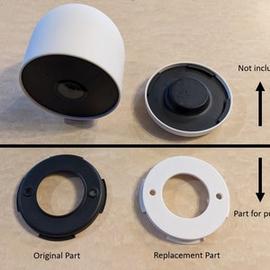 May include: A white and black camera base with a white replacement base. The original base is labeled "Original Part" and the replacement base is labeled "Replacement Part". The text "Not included" is above the original base and the text "Part for purchase" is above the replacement base.
