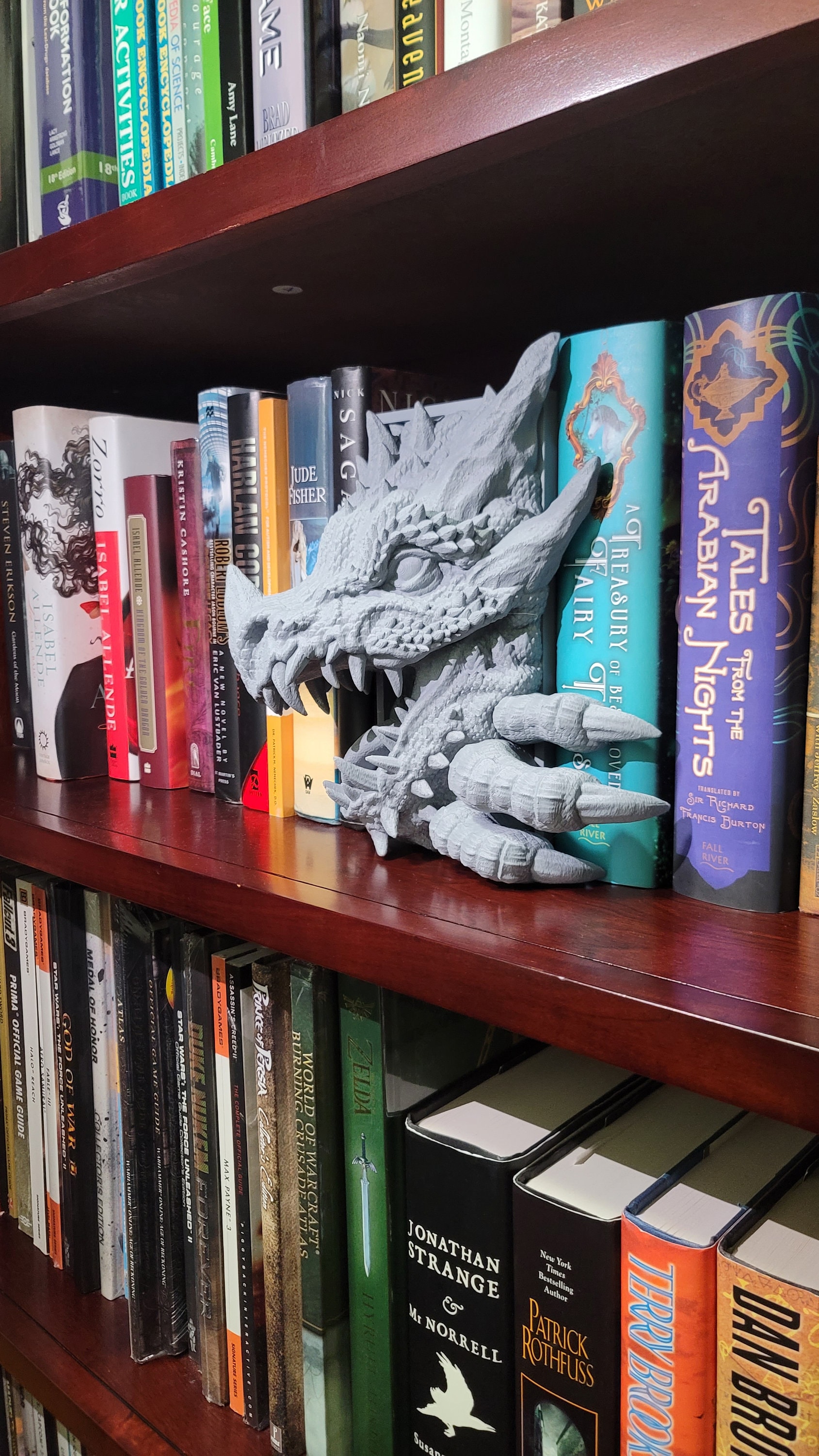 3D Printed Dragon Book Nook - Hand-Painted Fantasy Shelf Decor, Retro Bronze Dragon Sculpture Bookends & Display Prop - View #7