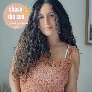 May include: A peach-colored crochet top with tie straps. The top is paired with blue jeans. The image includes a circular graphic with the text "chase the sun" and "crochet pattern pdf".