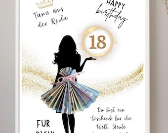 Geldgeschenk zum 18. Geburtstag für Mädchen – Gutschein zum Ausdrucken | Geschenkidee für Freundin oder Tochter | Lustige Geldverpackung