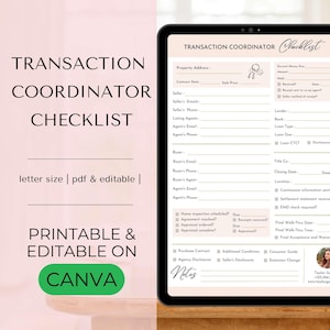 Peut inclure: Une liste de contrôle imprimable pour les coordonnateurs de transactions immobilières. La liste de contrôle comprend des sections pour l'adresse du bien, la date du contrat, les informations du vendeur, les informations de l'acheteur, les détails du prêt, la date de clôture, etc. La liste de contrôle est conçue pour être utilisée sur Canva.