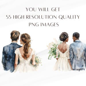 K&ouml;nnte beinhalten: Eine Aquarell-Illustration von zwei Paaren, die heiraten. Die Braut links tr&auml;gt ein wei&szlig;es Kleid und der Br&auml;utigam einen blauen Anzug. Die Braut rechts tr&auml;gt ein wei&szlig;es Kleid und der Br&auml;utigam einen blauen Anzug. Die Paare stehen vor einem wei&szlig;en Hintergrund.