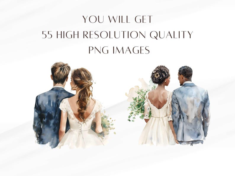 K&ouml;nnte beinhalten: Eine Aquarell-Illustration von zwei Paaren, die heiraten. Die Braut links tr&auml;gt ein wei&szlig;es Kleid und der Br&auml;utigam einen blauen Anzug. Die Braut rechts tr&auml;gt ein wei&szlig;es Kleid und der Br&auml;utigam einen blauen Anzug. Die Paare stehen vor einem wei&szlig;en Hintergrund.