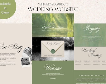 May include: A wedding website design with a whimsical garden theme. The design features a soft color palette of green and beige, with elegant script fonts. Sections include "Our Story," "Registry," and "Weekend Itinerary."