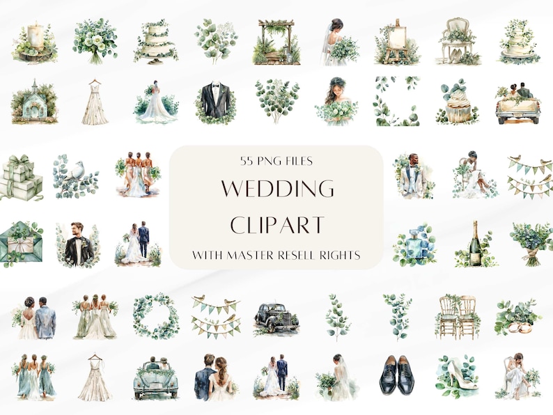 K&ouml;nnte beinhalten: Eine Sammlung von 55 Aquarell-Hochzeits-Clipart-Illustrationen. Die Illustrationen umfassen eine Vielzahl von Hochzeitsthemen, wie z. B. Blumenstr&auml;u&szlig;e, Brautkleider, Hochzeitstorten, Eheringe, Hochzeitsautos und vieles mehr. Die Illustrationen sind alle im Aquarellstil gehalten und perfekt f&uuml;r die Verwendung in Hochzeitskarten, Hochzeitspapeterie und anderen Hochzeits-Projekten.