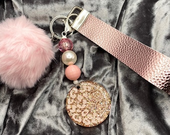 Pink, Rose Gold Keychain| Cute, Girly Keychain| Keychain Wristlet| Cheetah Key Fob| Floral| Personalized Car Accessories| Gift for her