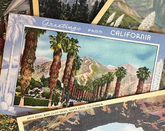 May include: A vintage postcard titled Greetings from California featuring a row of tall palm trees lining a road with mountains in the background. The postcard has a blue sky and a white border. Other postcards are visible underneath it.